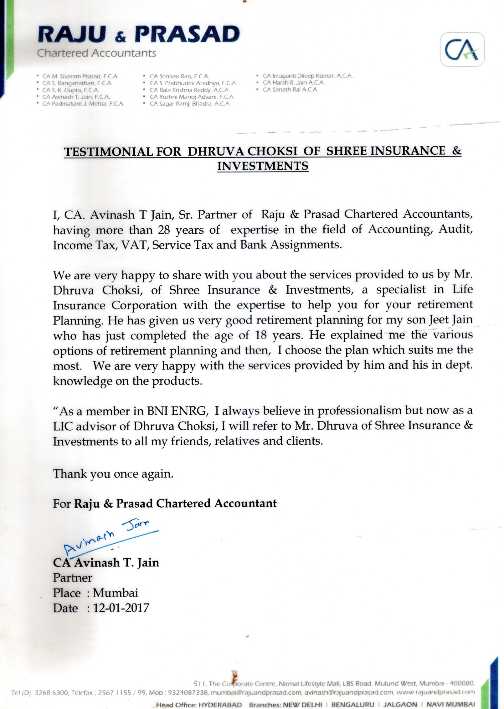 Testimonial letter from CA Avinash T. Jain, Raju & Prasad Chartered Accountants